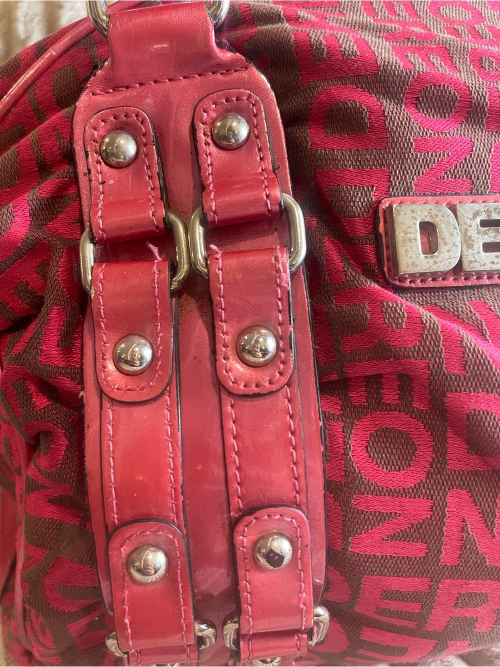 Dereon Pink Brown Monogram Satchel Shoulder Bag Purse Hardware Accents - Picture 7 of 10